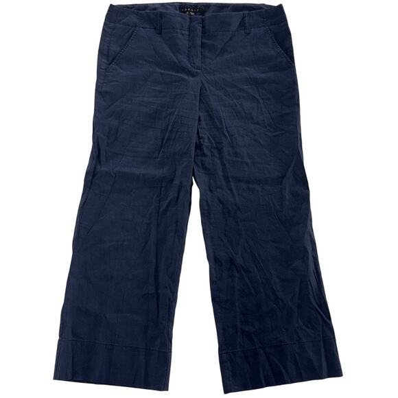 Theory Pants Womens 12 Navy Blue Linen Blend Wide Leg Stretch Dress Trousers - Picture 1 of 8